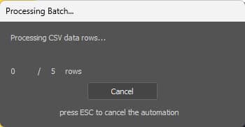 Batchify batch export progress dialog — live CSV row counter rendering Photoshop variable data outputs with ESC-to-cancel support
