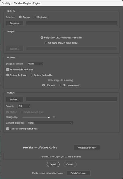 Batchify Pro lifetime license activated — the Photoshop script panel shows a Pro Tier Active status with export controls ready for unlimited CSV row batch generation