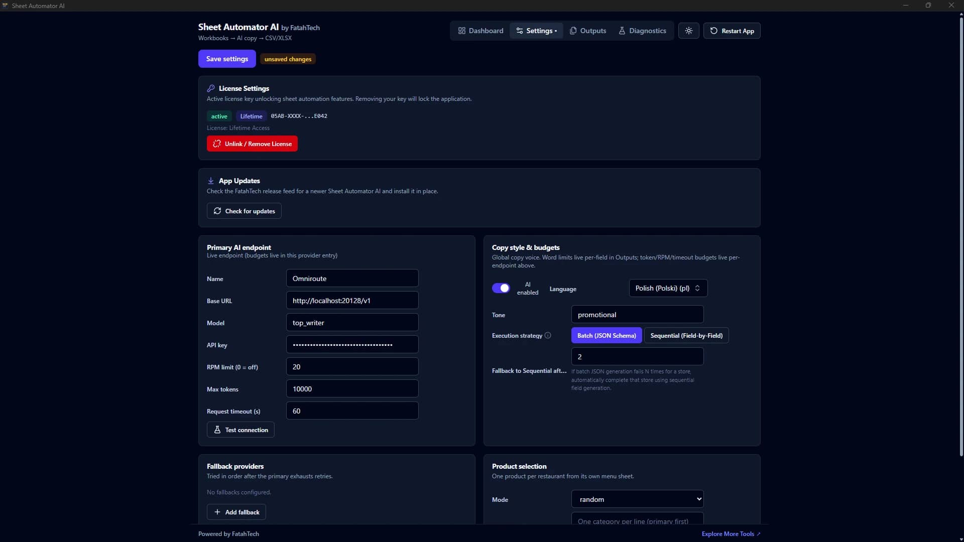 Sheet Automator AI settings — local OmniRoute / Ollama and cloud AI endpoint configuration with copy tone, language, batch JSON execution strategy and strict token budgets