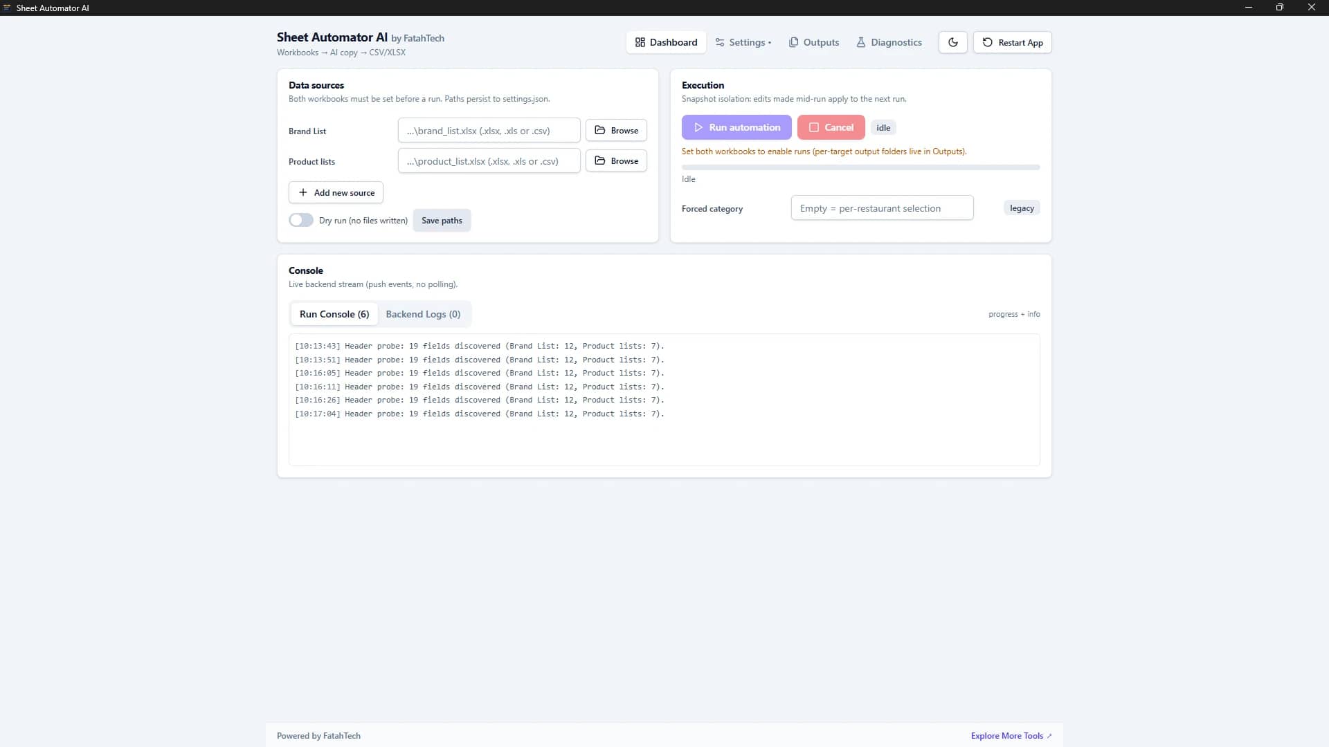 Sheet Automator AI dashboard in light theme — workbook selection, automation run status and console output for high-volume spreadsheet automation