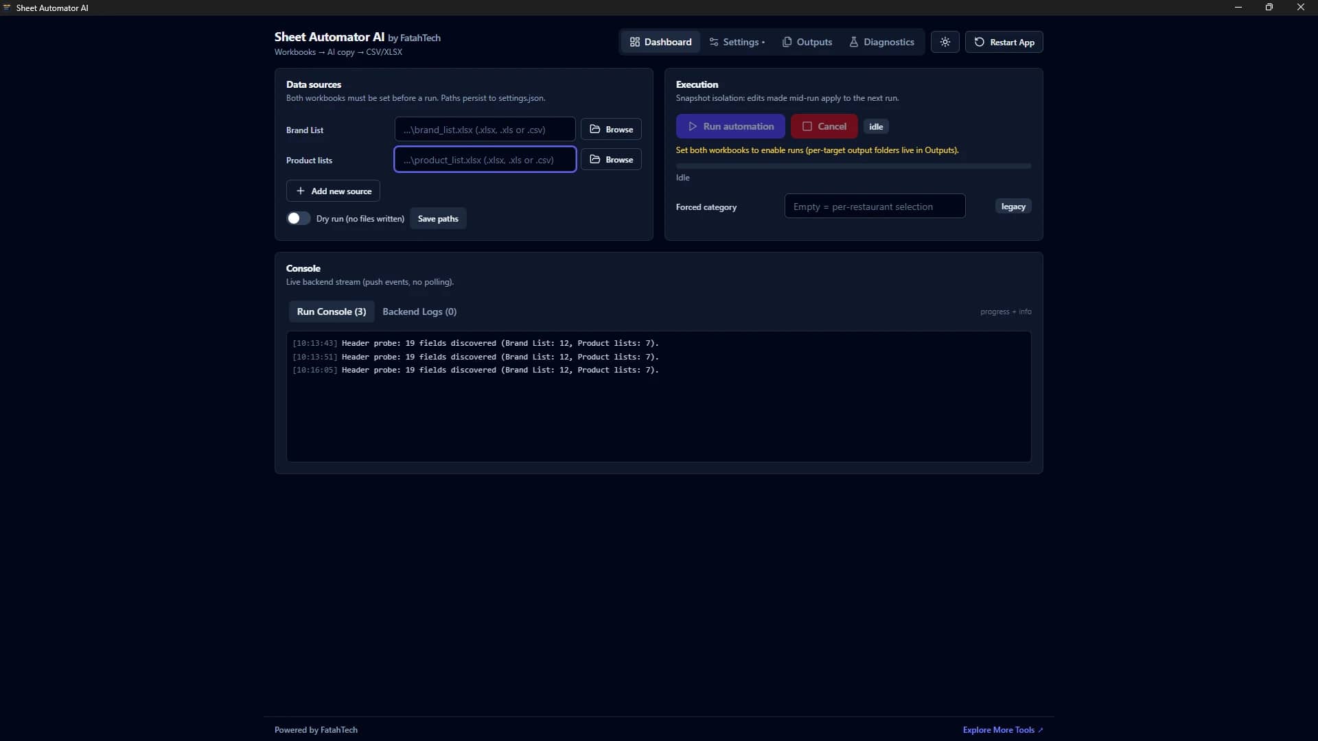 Sheet Automator AI dashboard — multi-workbook Excel data sources (brand_list.xlsx and product_list.xlsx) with run automation controls and a live console stream for spreadsheet automation