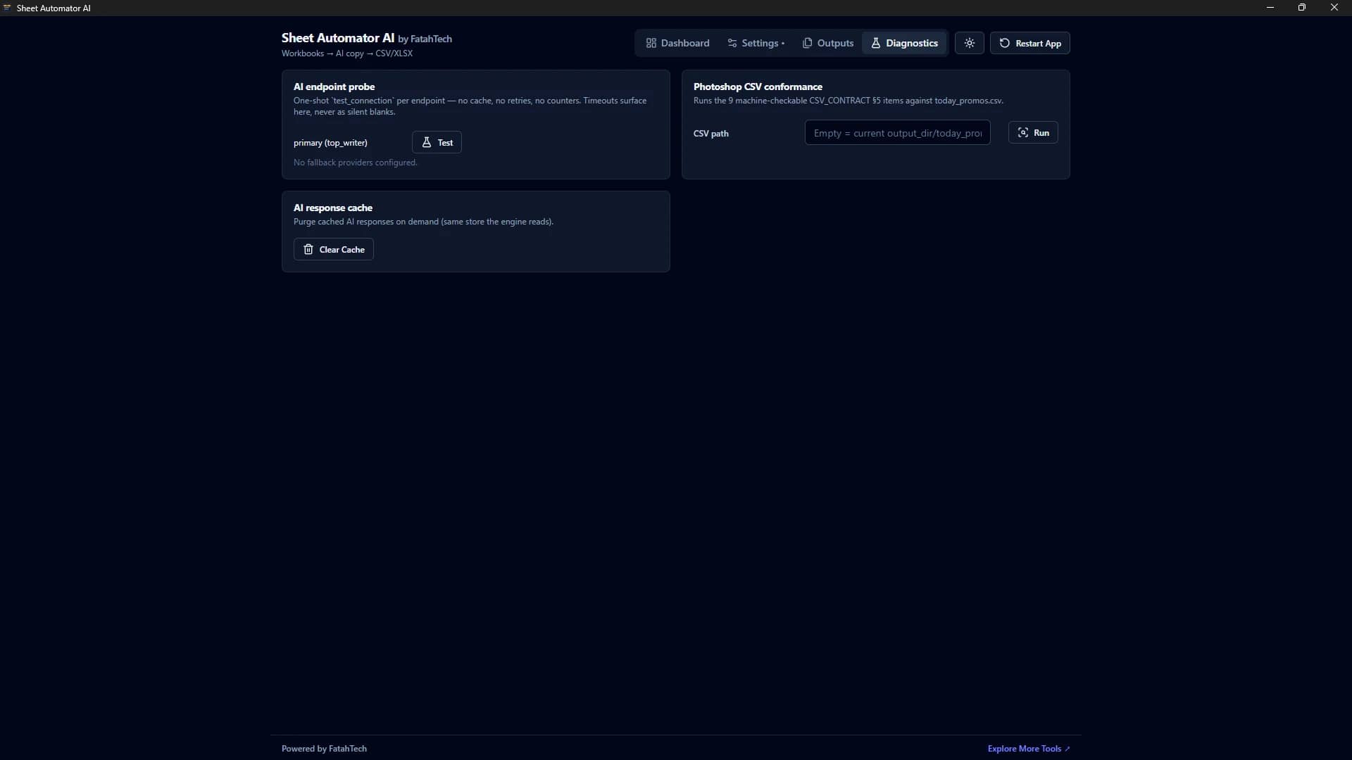Sheet Automator AI diagnostics — one-shot AI endpoint probe, Photoshop CSV contract conformance checks and AI response cache management