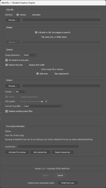 Batchify Control Panel Batchify Pro control panel inside Adobe Photoshop — CSV data file selection, image placement modes (Fill, Fit, Stretch, Match), multi-format output settings and Pro license activation